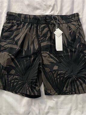 Vince Black & Olive Palm-Print Swim Shorts
